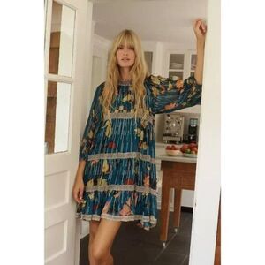 Verb Pallavi Singhee Anthropologie blue metallic floral Eulalia tunic mini dress